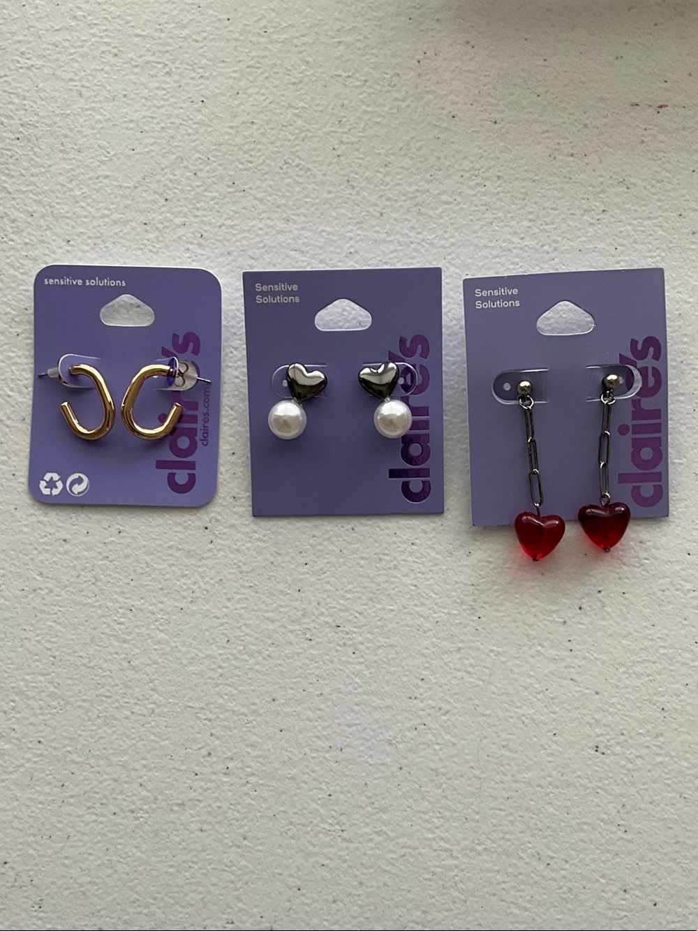3-prClaire's Mixed Earring Trio — Gold Hoops, Pearl Heart Studs, Red Heart Drops